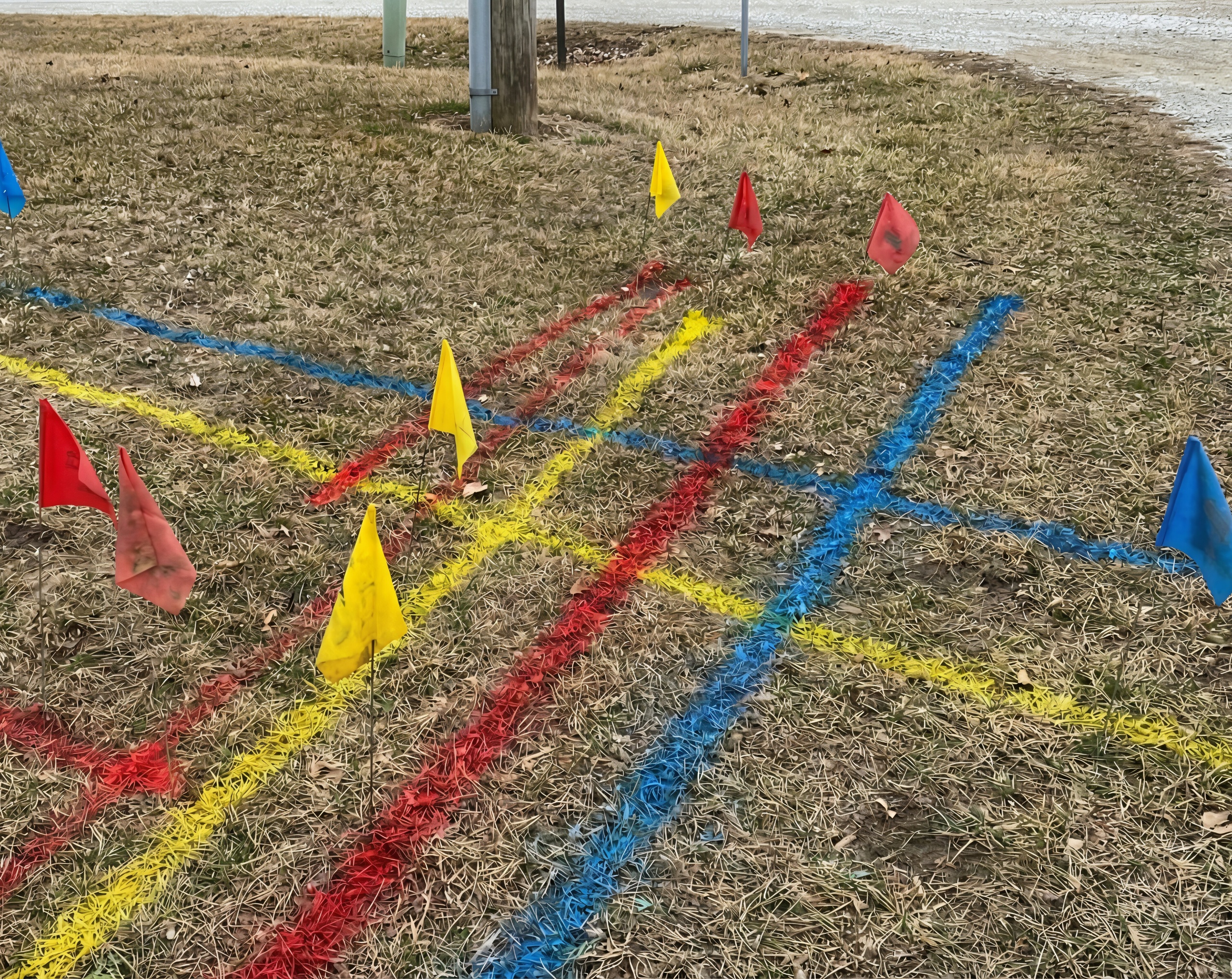 Utility Locating Before Excavation Color-coded utility markings identifying underground lines before excavation